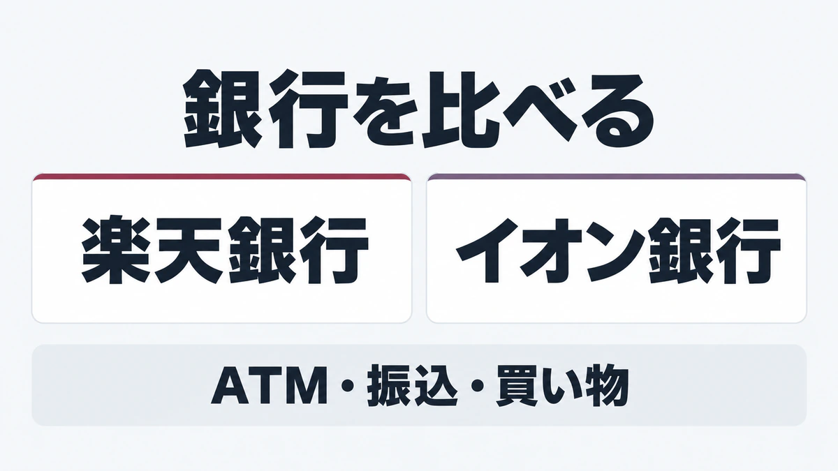 楽天銀行とイオン銀行を、ATM・振込・買い物で比較するトップ画像