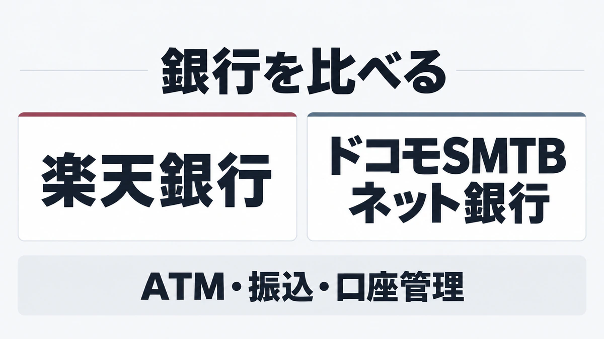 楽天銀行とドコモSMTBネット銀行を、ATM・振込・口座管理で比較するトップ画像