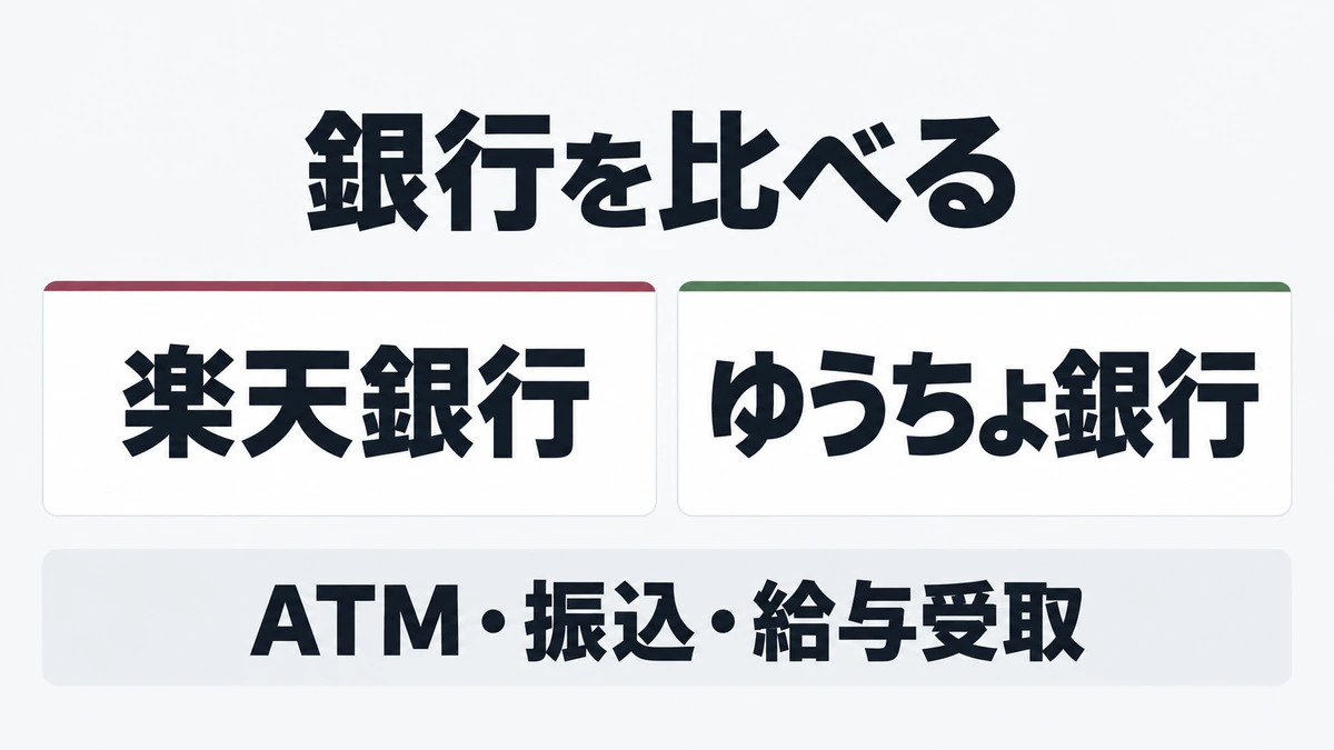 楽天銀行とゆうちょ銀行を、ATM・振込・給与受取で比較するトップ画像