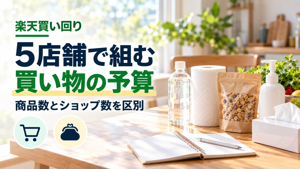 楽天買い回りを5店舗で組む方法｜予算6,500円の例と数え間違いのイメージ