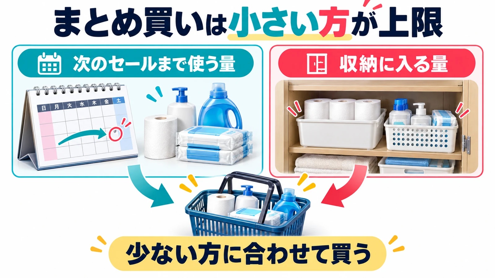 使う量と収納量の小さい方をまとめ買いの上限にする