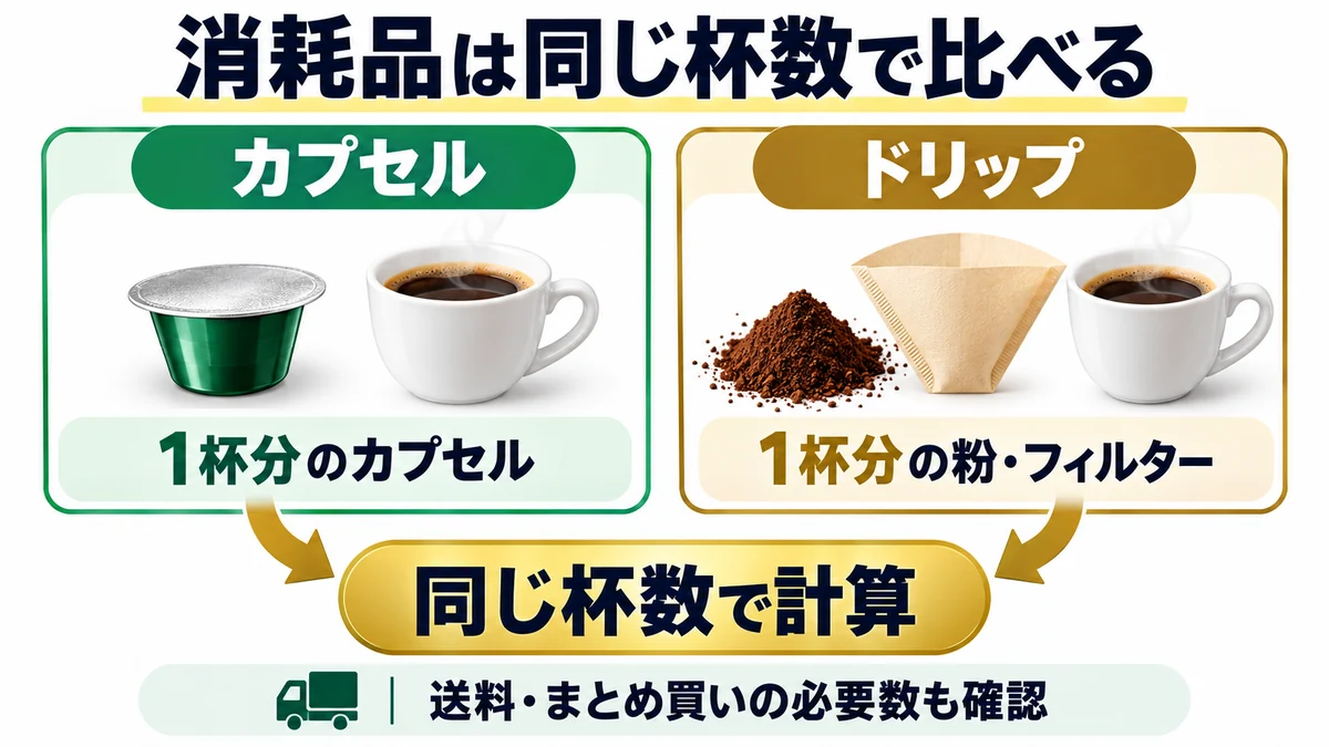 消耗品は同じ杯数で比べるの図解