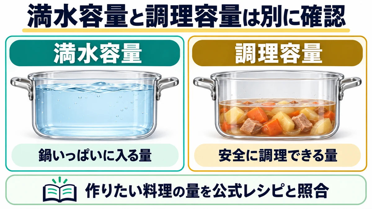 満水容量と調理容量は別に確認の図解