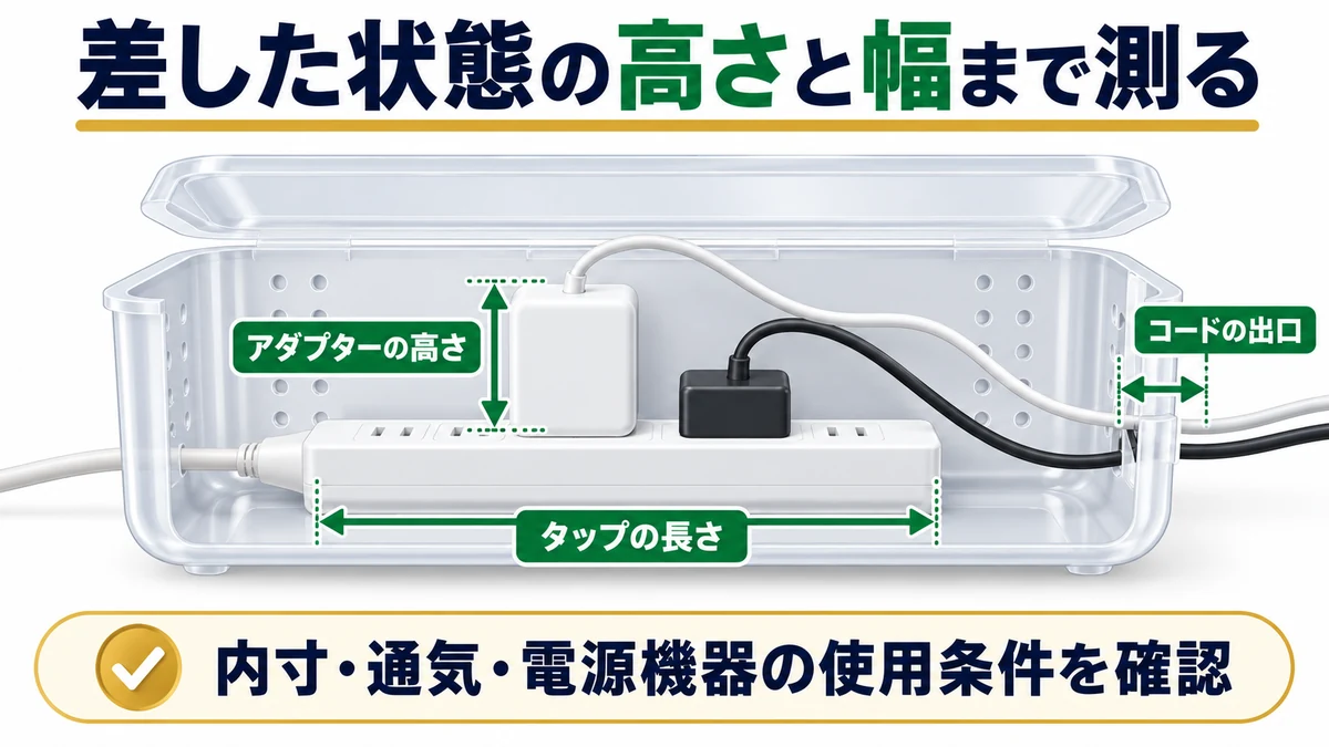 差した状態の高さと幅まで測るの図解