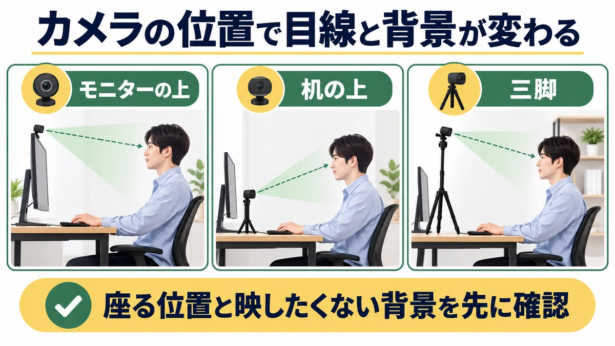 カメラの位置で目線と背景が変わるの図解