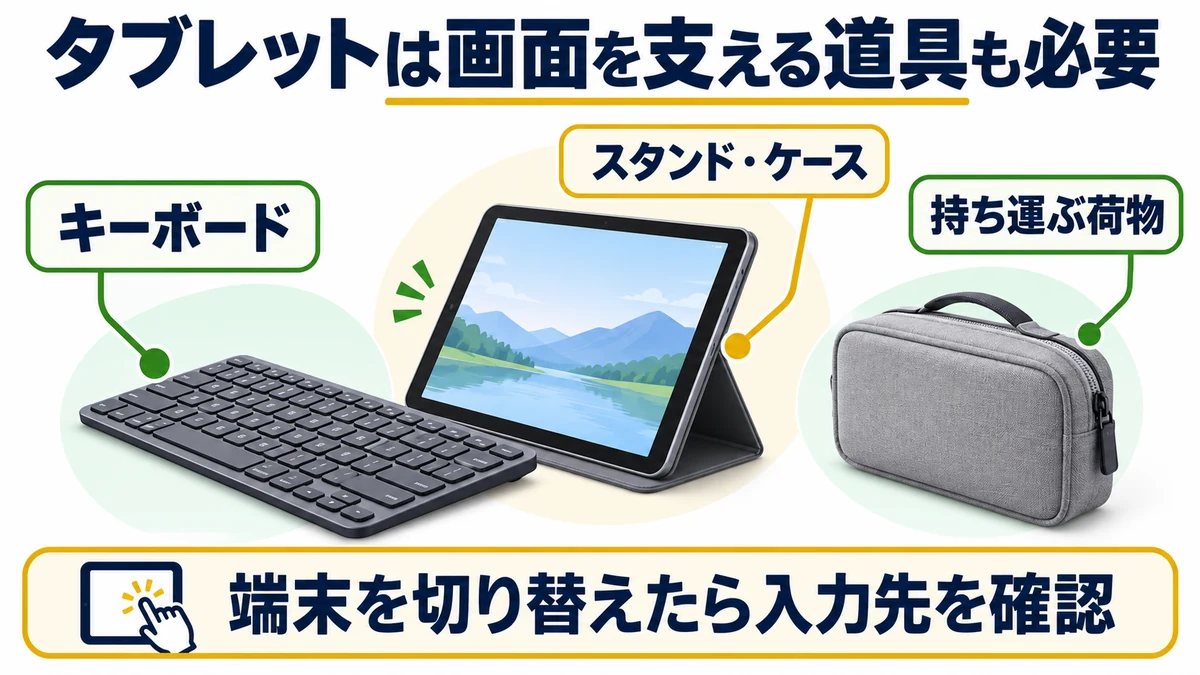 タブレットは画面を支える道具も必要の図解