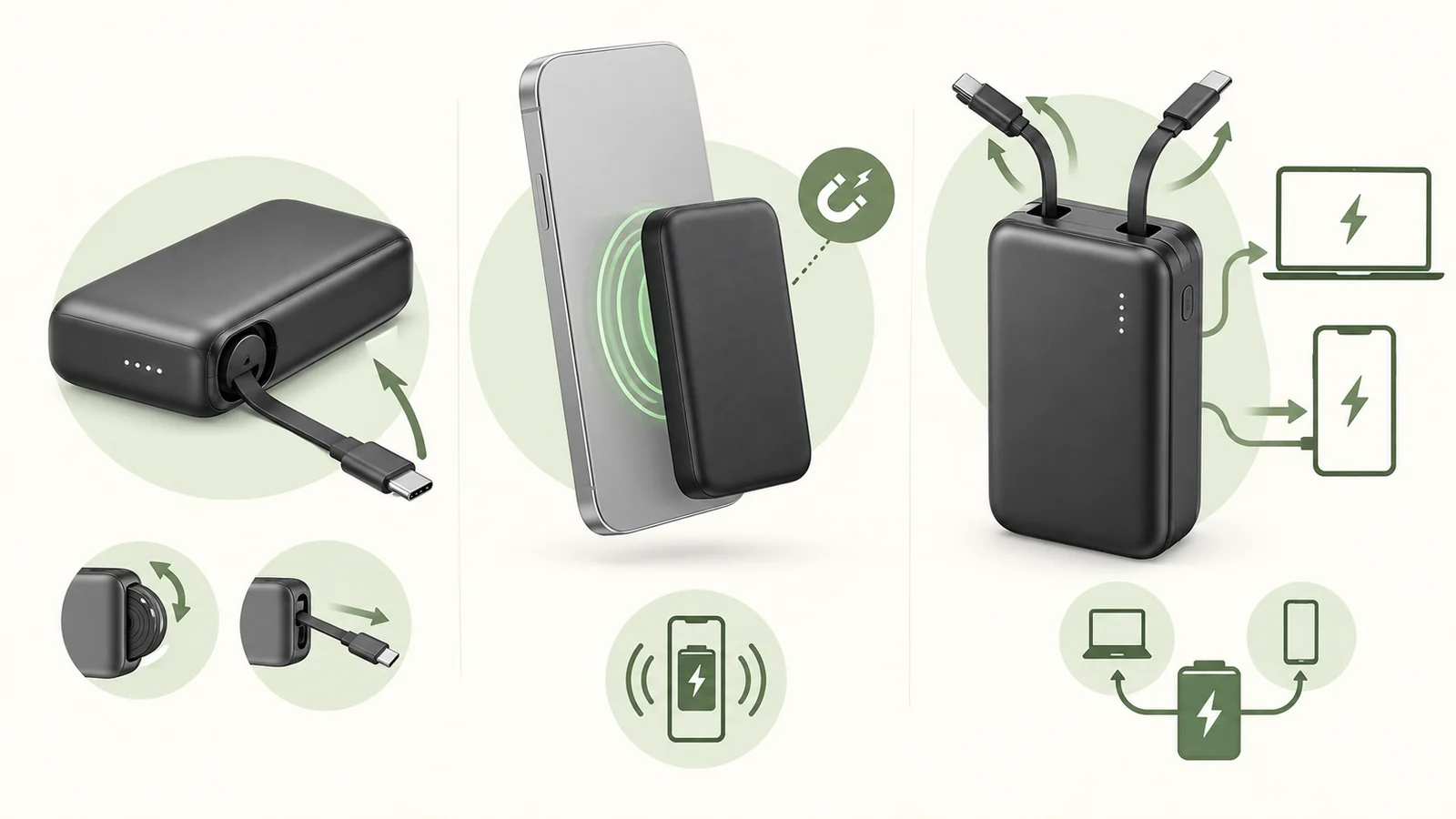 巻取り式USB-Cケーブル、薄型の磁気充電、大容量で複数機器へ給電する3タイプの比較概念図
