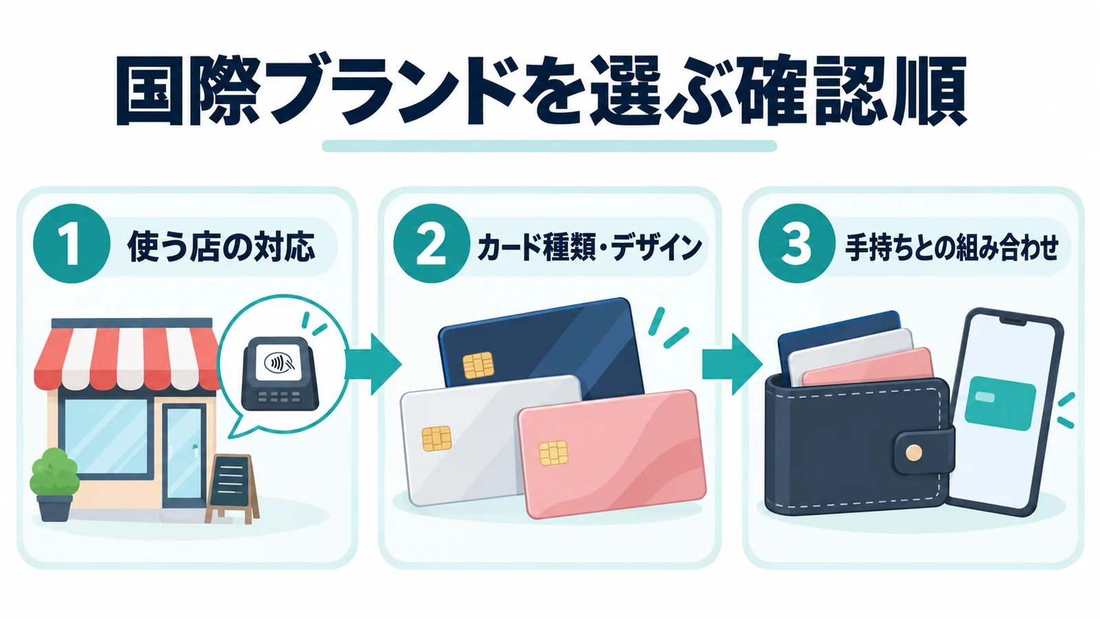 利用予定の店、希望するカード、手持ちとの組み合わせの順にブランドを選ぶ図