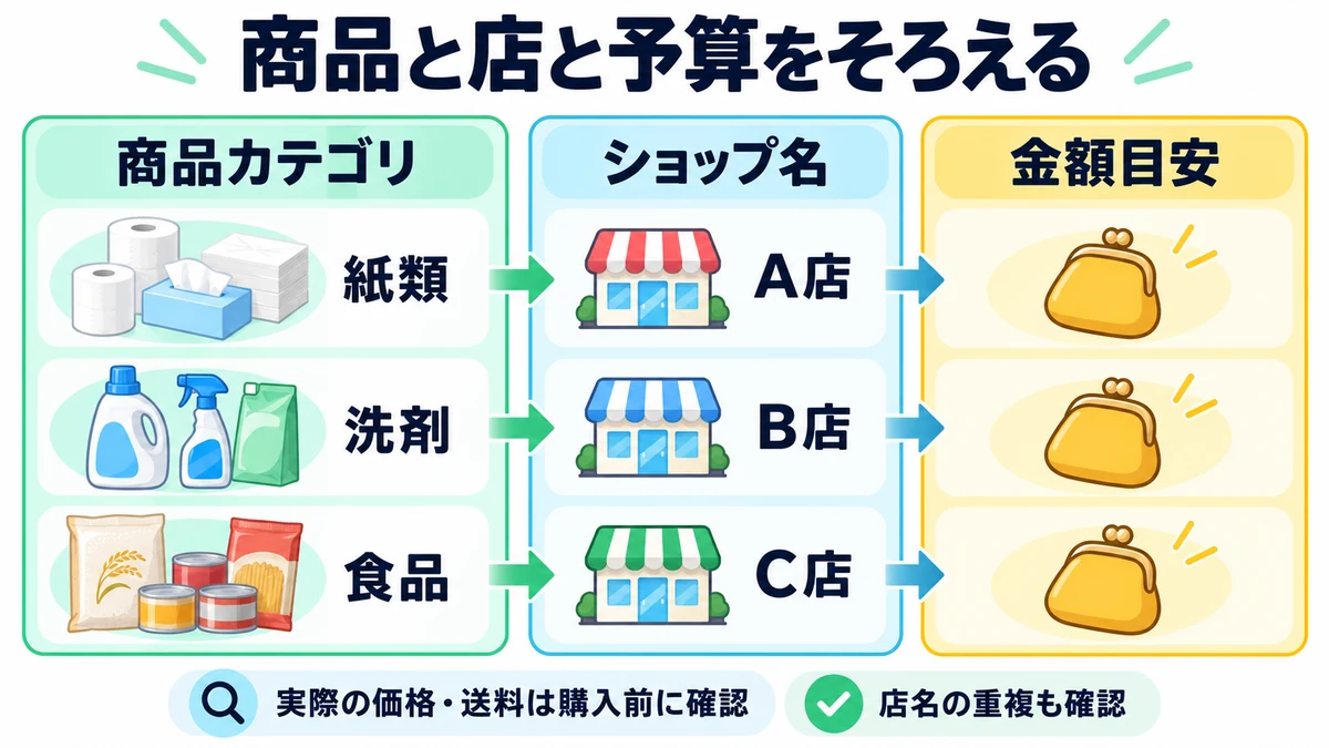 商品と店と予算をそろえるを説明する図