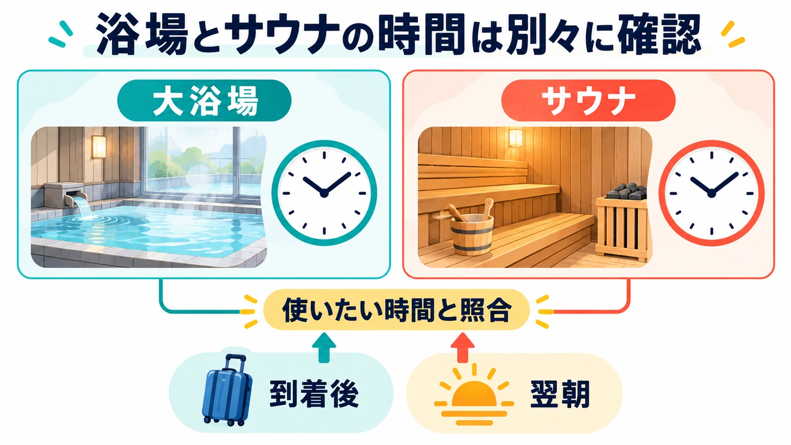 浴場とサウナの時間は別々に確認。大浴場とサウナそれぞれの営業時間を読み、到着後や翌朝の予定と照らし合わせます。